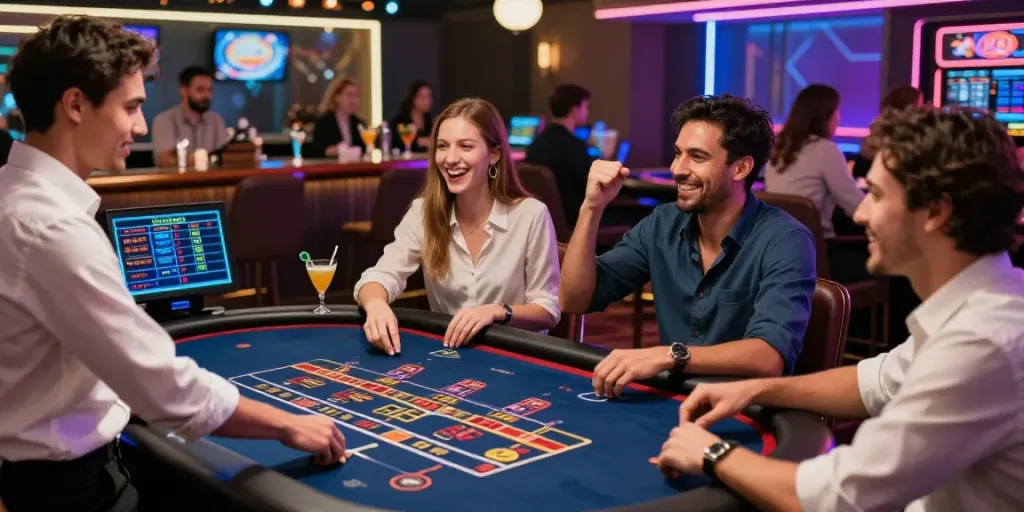 Exciting gaming experience at FB88 casino with vibrant atmosphere and diverse players engaged in various games.