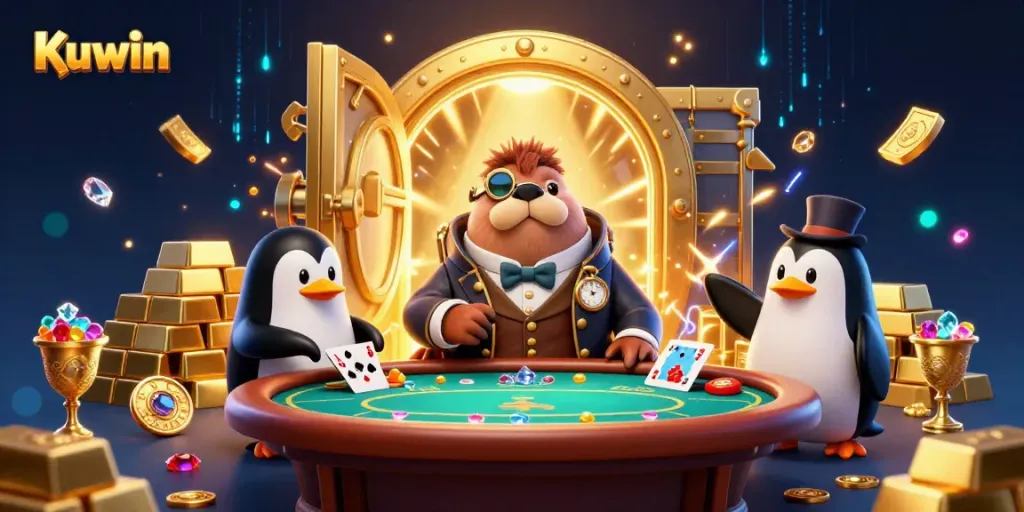 Kuwin's vibrant underwater poker scene features a walrus in a tuxedo bluffing against a dealer penguin and pufferfish.