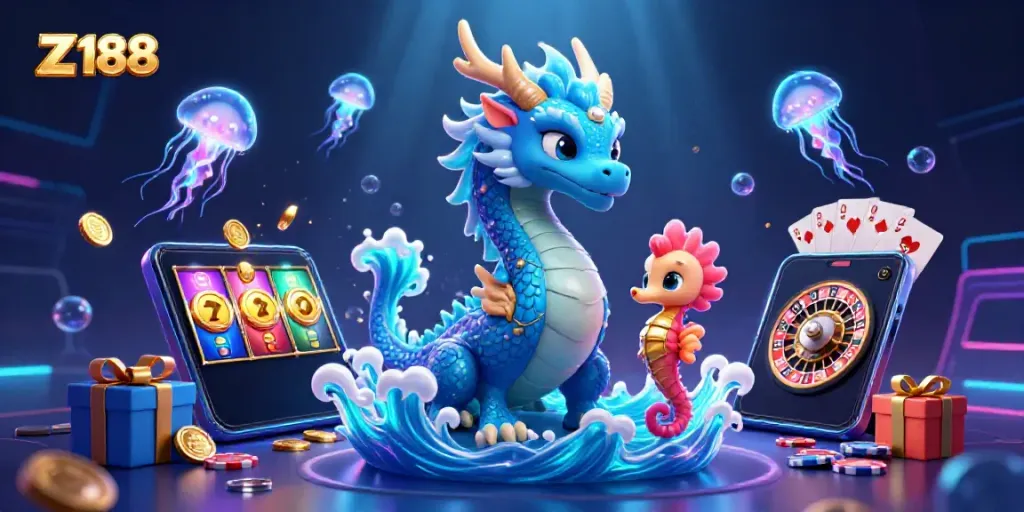 Z 188 showcases a thrilling underwater casino adventure with a dragon, seahorse, and jellyfish in an engaging slot game scene.