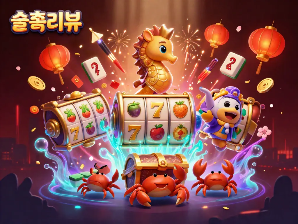 Experience the vibrant world of 슬롯리뷰 with dynamic slot reels, seahorses, and sparkling elements.