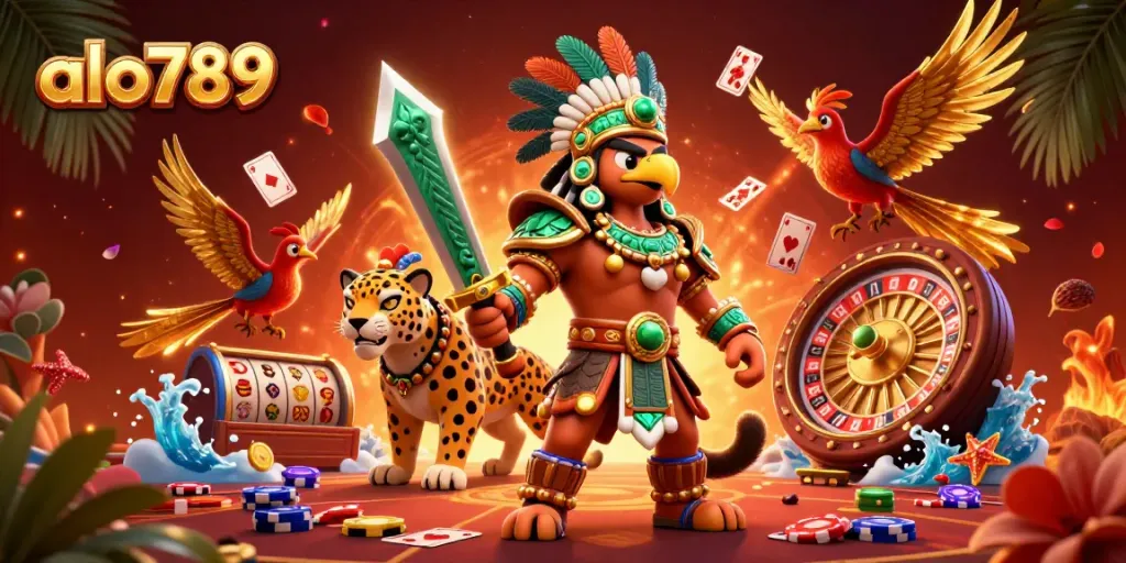 Alo789 captures thrilling moments in a vibrant casino scene with playing cards and slot reels.