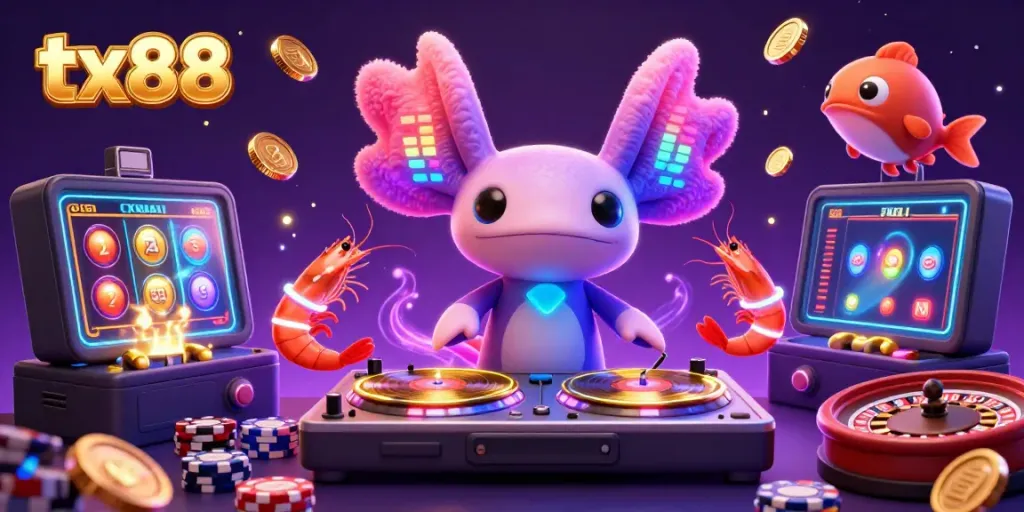 Experience the excitement of tx88 with a vibrant 3D digital casino scene featuring an energetic DJ axolotl.