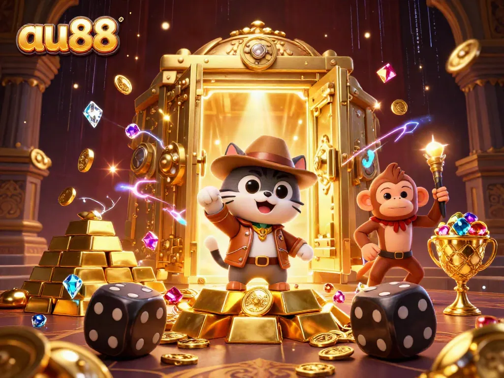 Experience the excitement of au88 with a cartoon cat treasure hunter and monkey in a vibrant casino-themed scene.