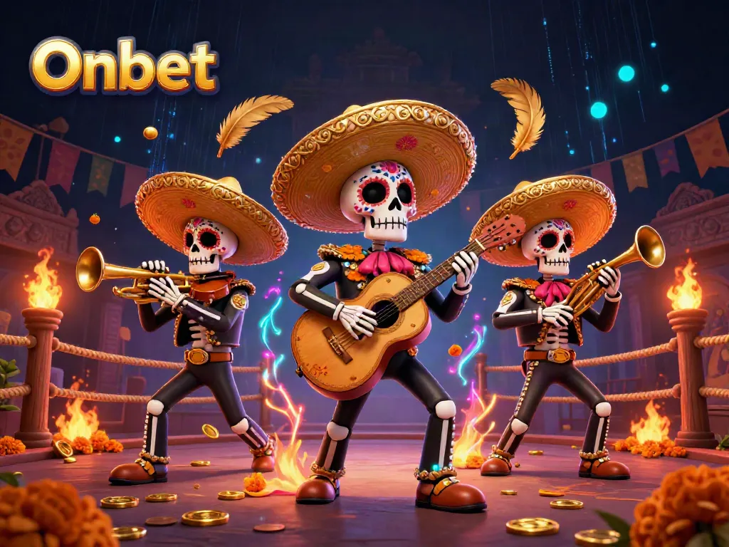 Engage in the Onbet adventure with a vibrant mariachi band amidst sparkling casino elements.