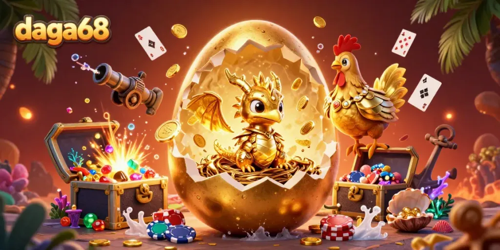 Experience the thrilling world of daga68 with a baby dragon and golden poker chips in a vibrant casino scene.