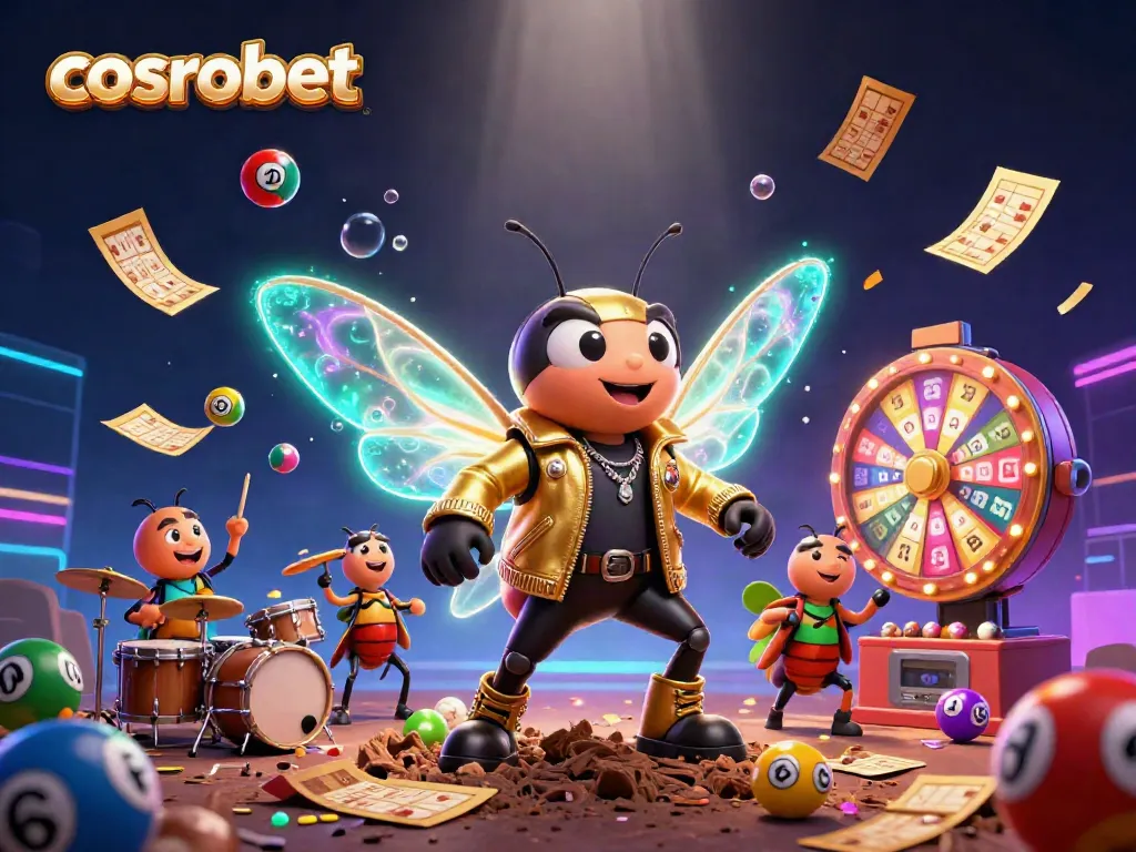 Engage with cosmobet's thrilling casino ambiance featuring a cicada rockstar and vibrant gaming elements.