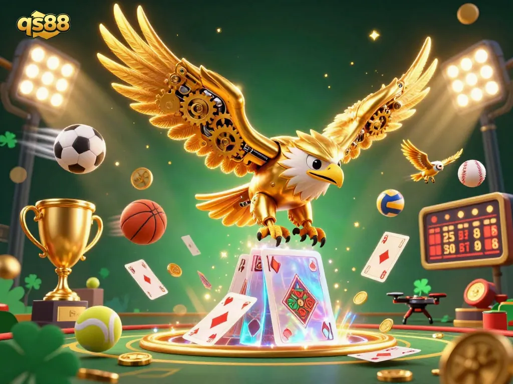 qs88 casino illustration featuring a golden eagle diving through holographic playing cards, showcasing gambling excitement.