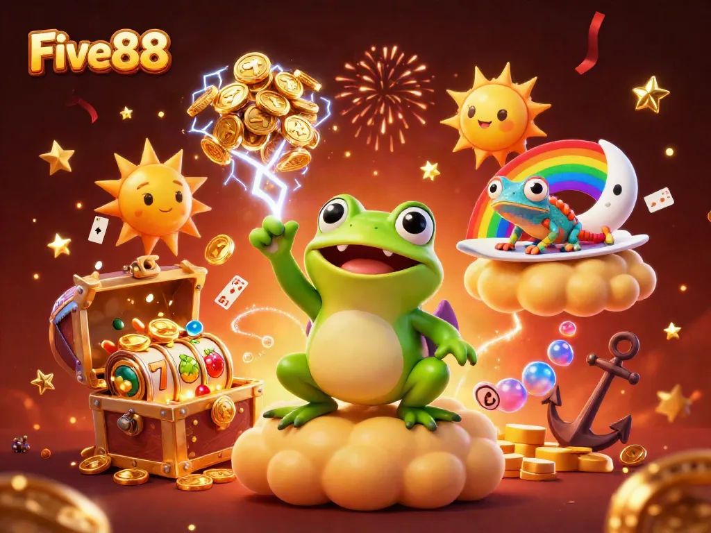 Experience the excitement of Five88 with a vibrant scene of a weather wizard frog and rainbow chameleon amidst a shower of gold coins.