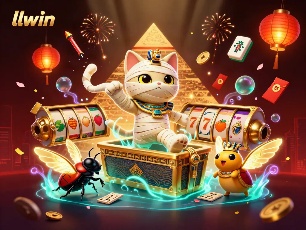 Experience llwin's thrilling casino adventure with an Egyptian mummy cat and glowing treasures.