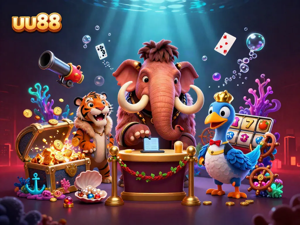 uu88 showcases a vivid casino bouncer scene with card games and golden treasures.