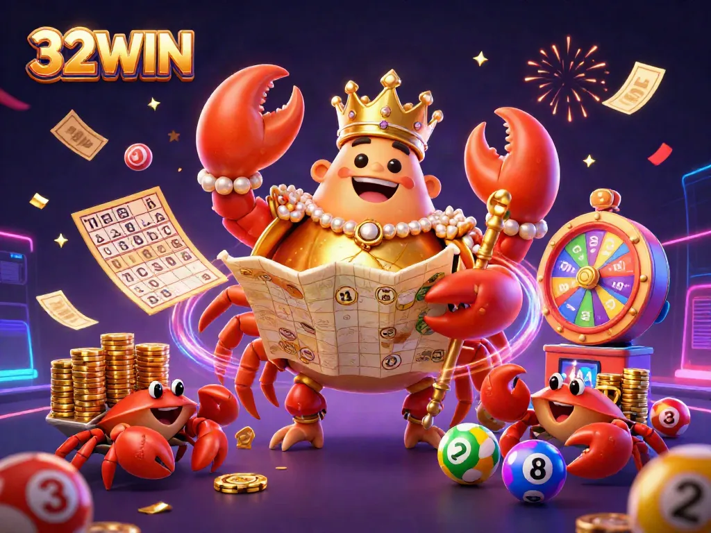 Engage in thrilling games at 32WIN, a vibrant scene with colorful lottery elements and a golden crab emperor.