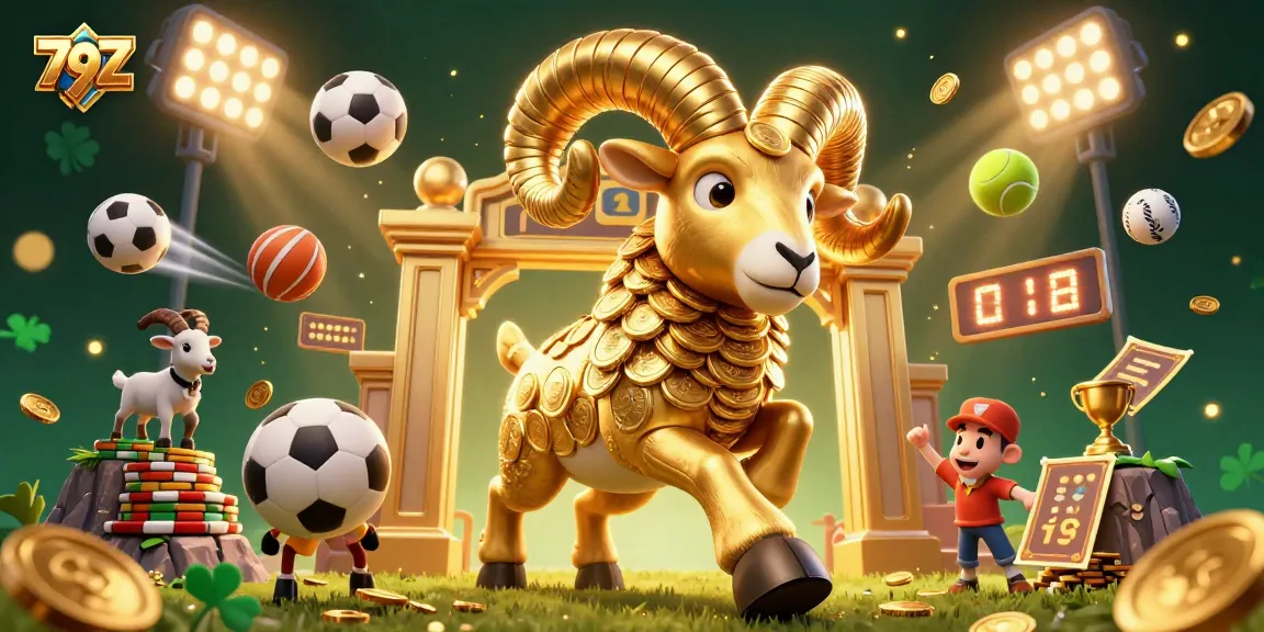 Experience thrilling gaming at 79Z with a dynamic scene showcasing golden ram and sports elements.