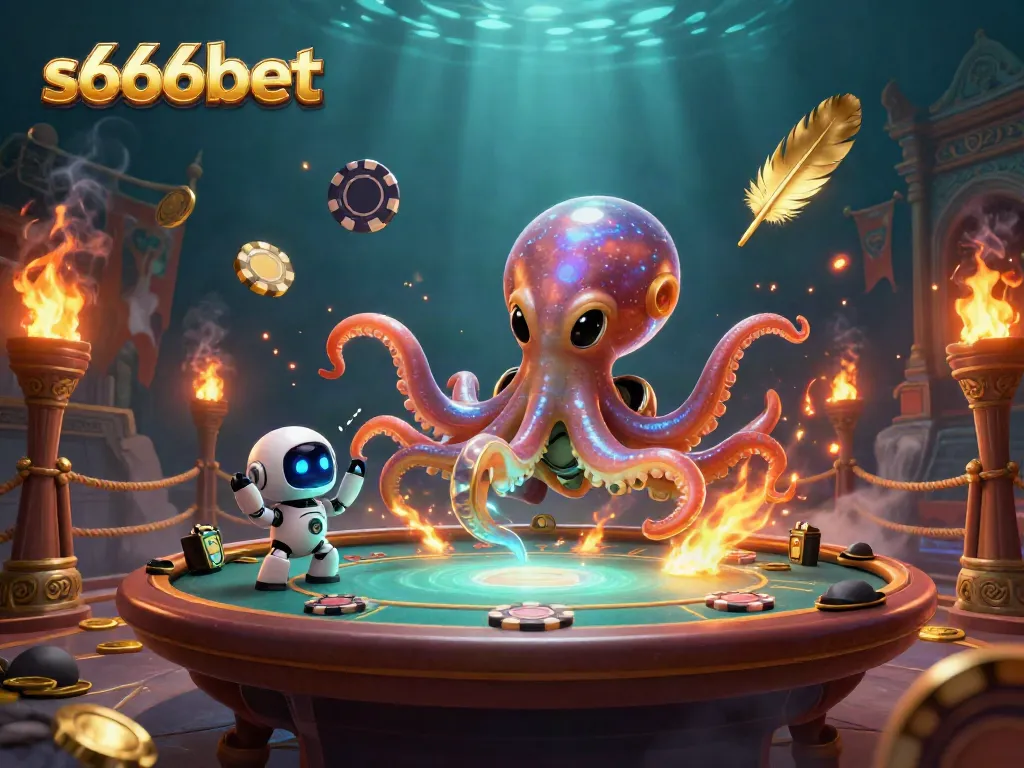 Experience thrilling poker with s666bet’s vibrant 3D casino scene hosting an alien octopus!
