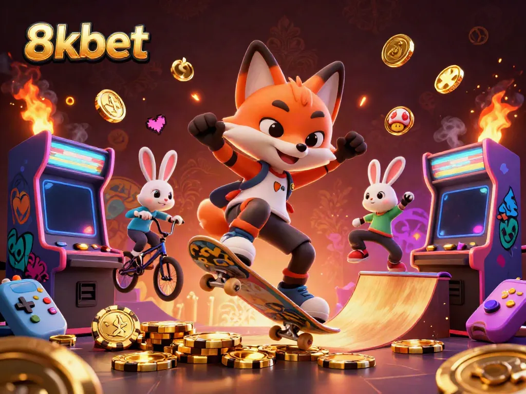 Experience thrilling gameplay in 8xbet’s vibrant casino world with a fox and rabbit showcasing their stunts.