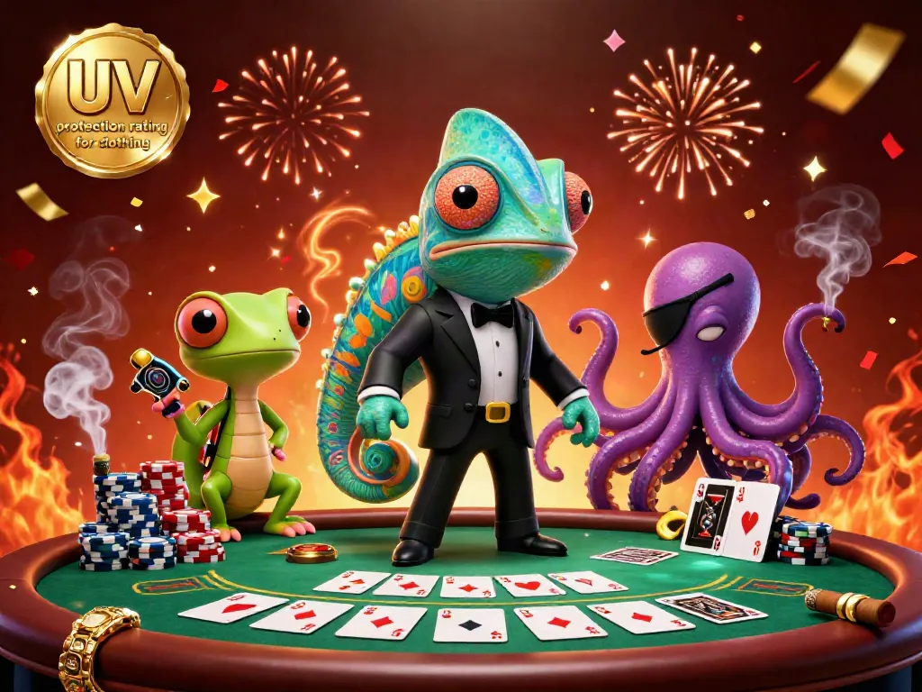 Engaging scene illustrating the UV protection rating for clothing with a chameleon secret agent, gadget-gecko, and octopus at a poker table.