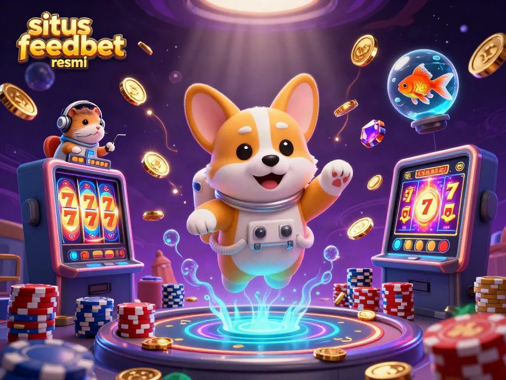 Engage in spinning wins at situs feedbet resmi with vibrant slot reels, golden coins, and floating characters!