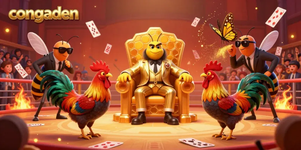 Watch the exciting cockfighting at congaden with a 3D animated scene featuring a mob boss and battling roosters.