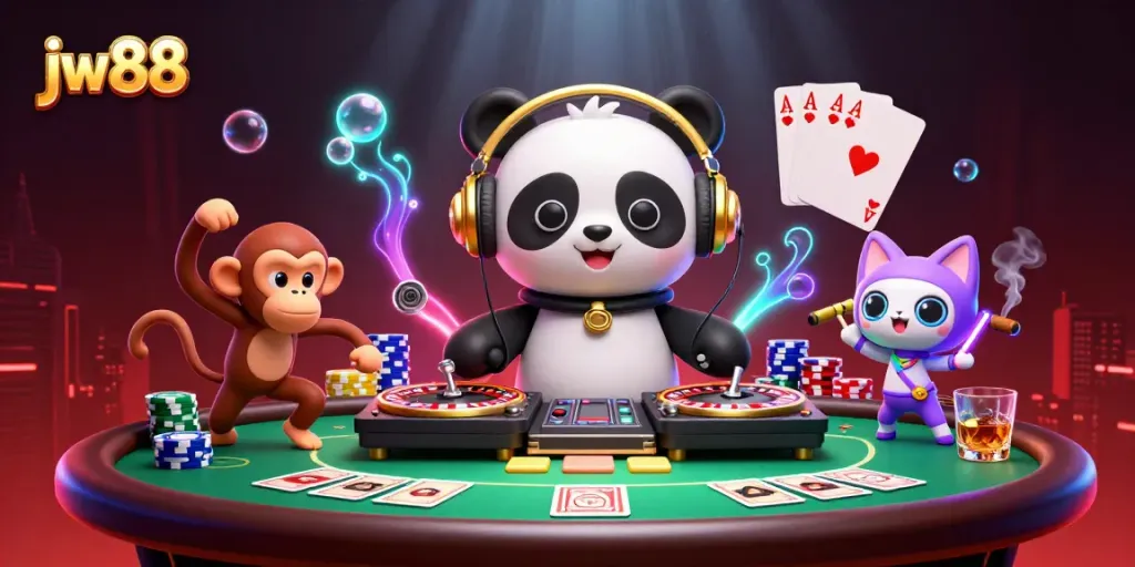 Engage with jw88 as a DJ panda spins winnings at a vibrant casino party scene.