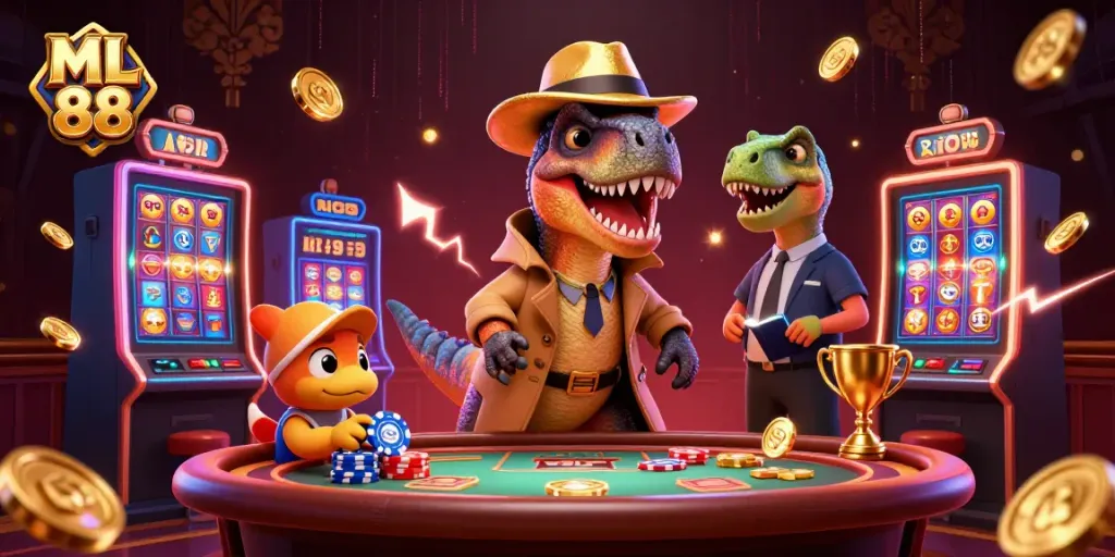 ML 88 features a fun 3D velociraptor at a casino table amidst glittering jackpot elements.