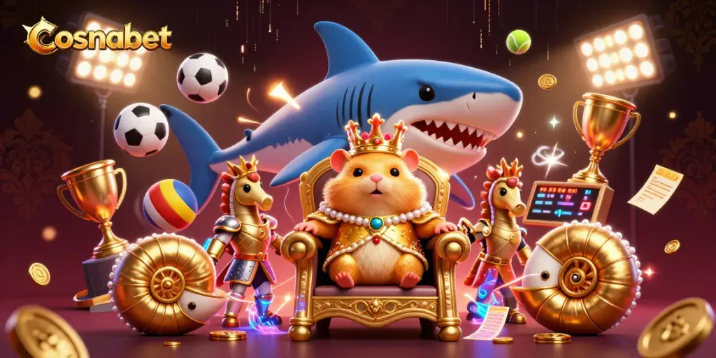 Experience the thrilling world of cosmobet with a majestic hamster king ruling in a vibrant casino scene.