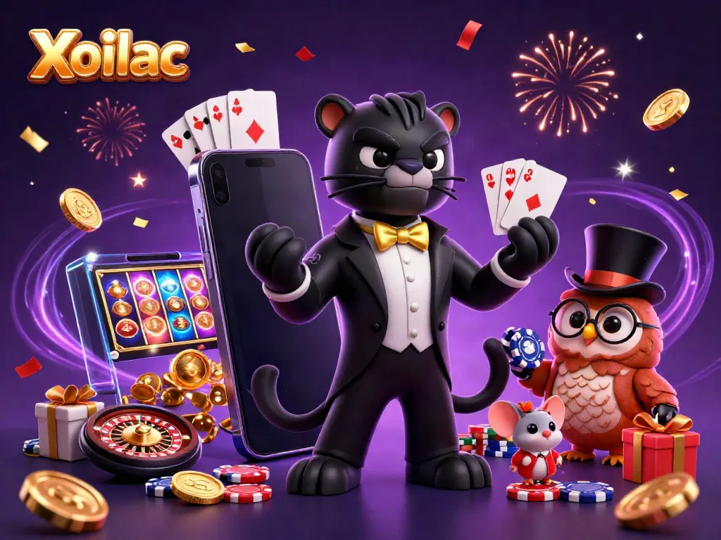 Xoilac offers a lively gambling scene with a stylish cartoon panther, owl, and lucky mouse among casino elements.