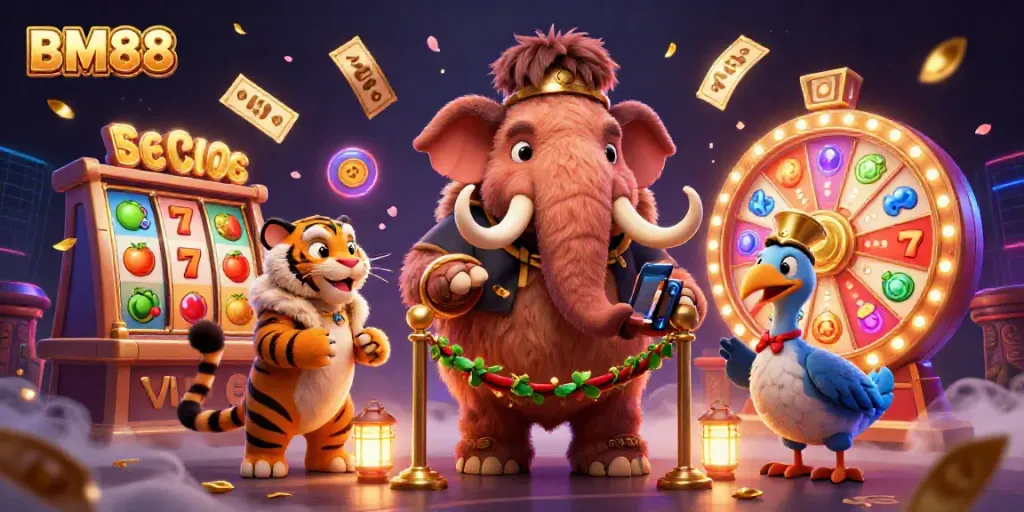 Experience the thrill of BM88 with vibrant slot reels and dynamic casino characters.