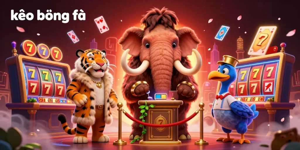 Experience vibrant kèo bóng đá excitement with a cartoon woolly mammoth bouncer, a saber-tooth VIP, and dynamic gaming elements.