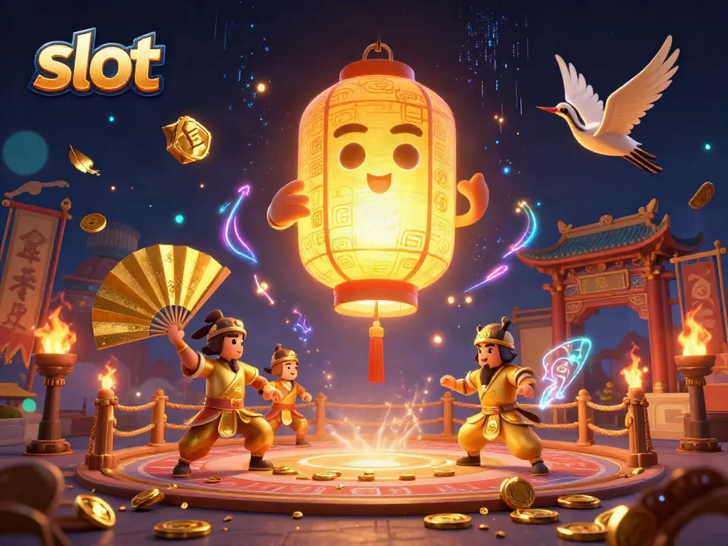 Play exciting slot games with the glowing golden lantern spirit above a dazzling night market casino.