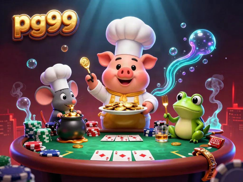 pg99 game night scene with chef pig, mouse, and frog amid vibrant poker elements.