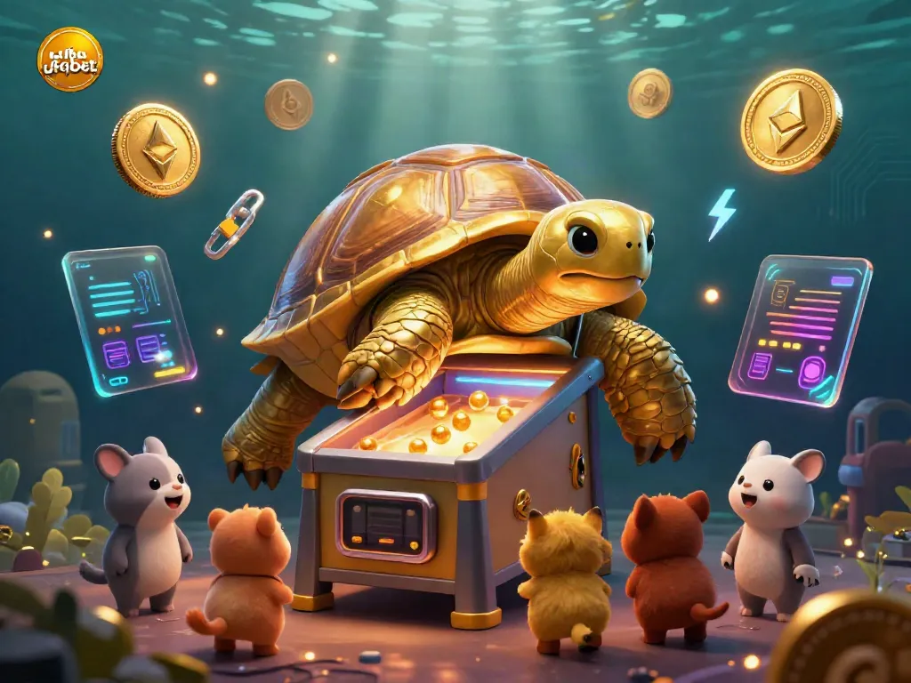 Engage with ufabet's colorful casino scene featuring a golden tortoise pinball machine and vibrant crypto elements.