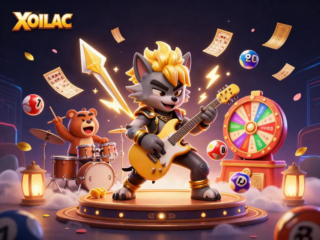 Watch the exciting action at XOILAC, where a rock star wolf shreds on stage amidst vibrant gambling elements.