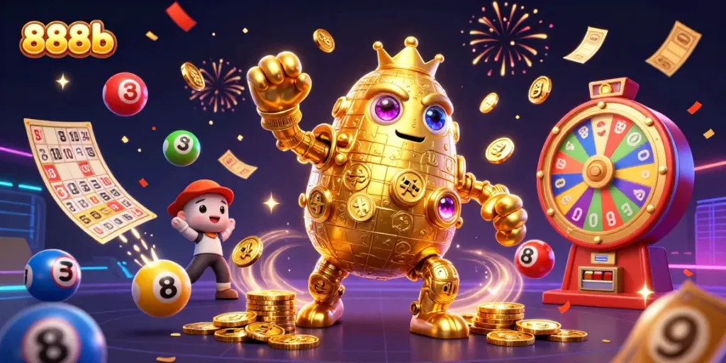 Experience thrilling casino action with 888b's colorful golem and vibrant game elements.