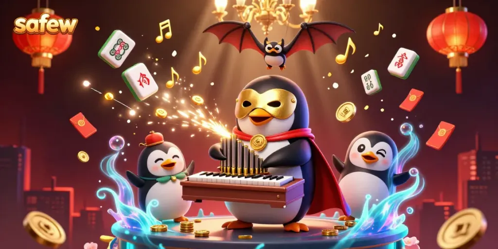 Experience safew casino action with a phantom penguin playing the organ amid golden coins and rich game elements.