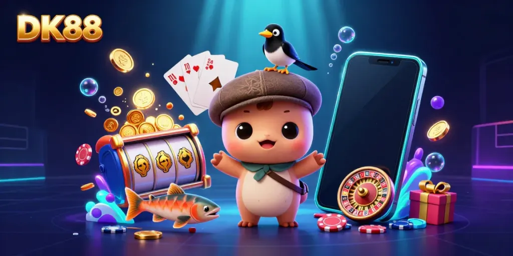 Engage with DK88's vibrant gaming universe, featuring cartoon Nessie amidst dynamic slot game elements.
