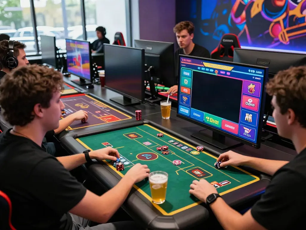 Friends enjoying gaming at 9bet's vibrant lounge with digital interfaces.