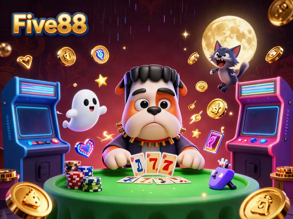 Engage with Five88's lively casino games featuring unique characters against a vibrant slot setting.