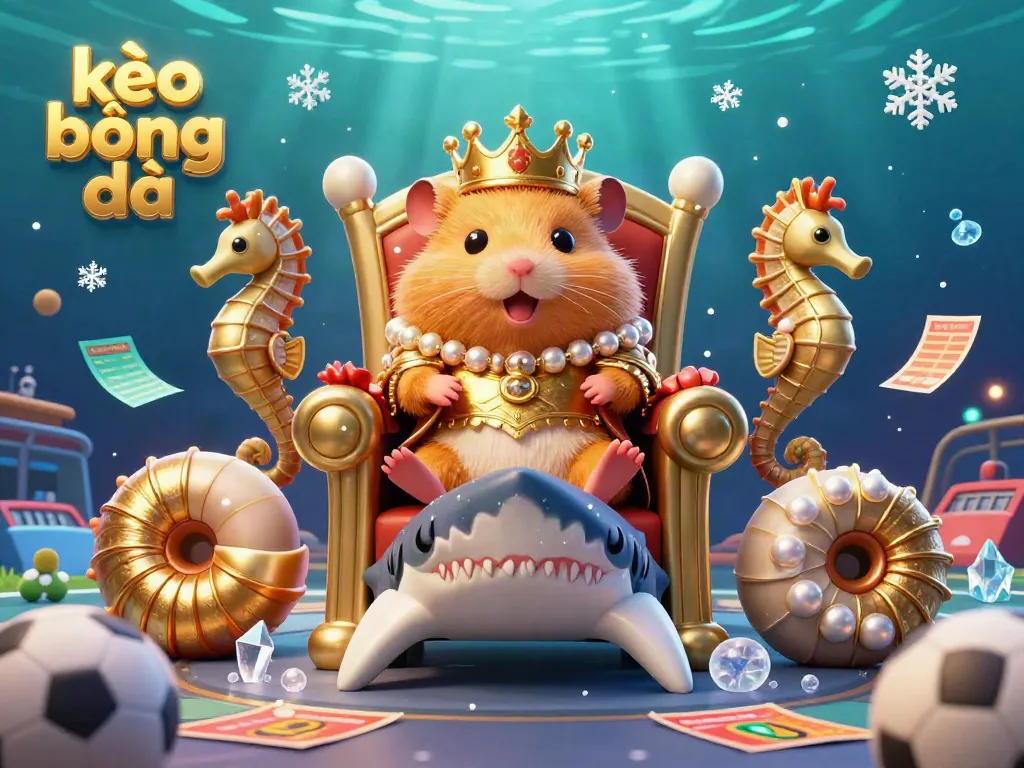 Experience kèo bóng đá with a golden hamster king and royal seahorse guards amidst vibrant sports betting elements.