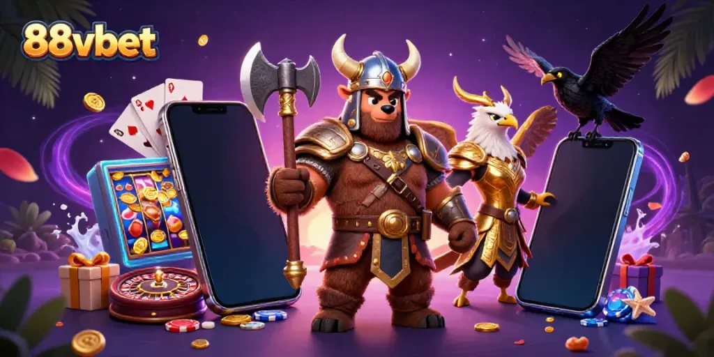 Engage with the vibrant casino world of 88vbet alongside dynamic characters and gaming elements.