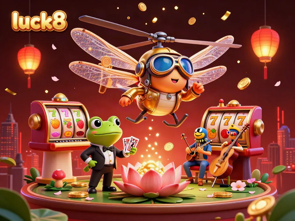 Engage with luck8's vibrant online casino atmosphere featuring dynamic slot games and lively characters.