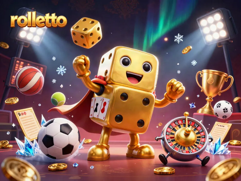 Rolletto-themed casino scene capturing action with golden dice, sports elements, and lively decor.