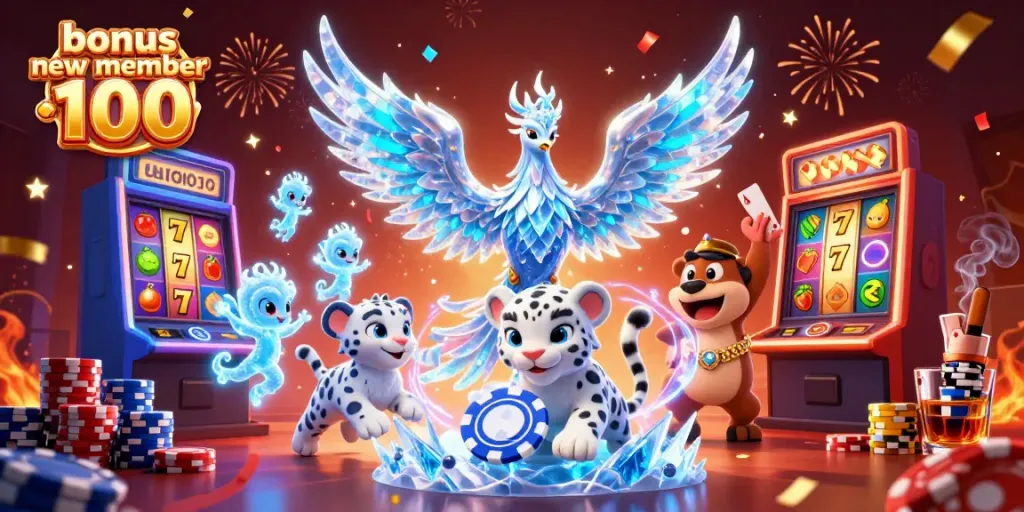 Experience exciting gaming with bonus new member 100 in a vibrant, animated casino scene.