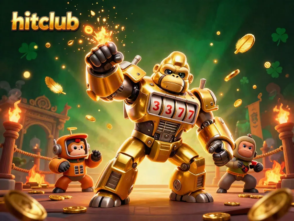 Hitclub's dynamic gaming scene shows a golden gorilla mech with coins and jackpots exploding, symbolizing exhilarating casino excitement.