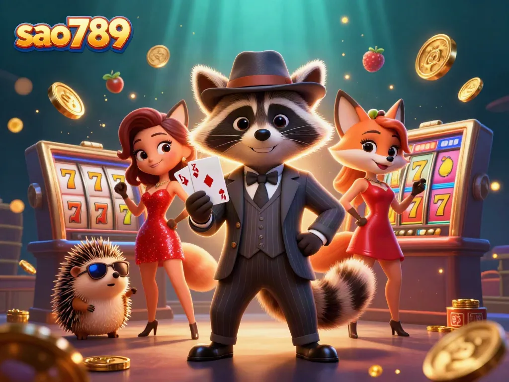 Saat 789 offers immersive slots experience featuring a raccoon in a pinstripe suit and vibrant connections.