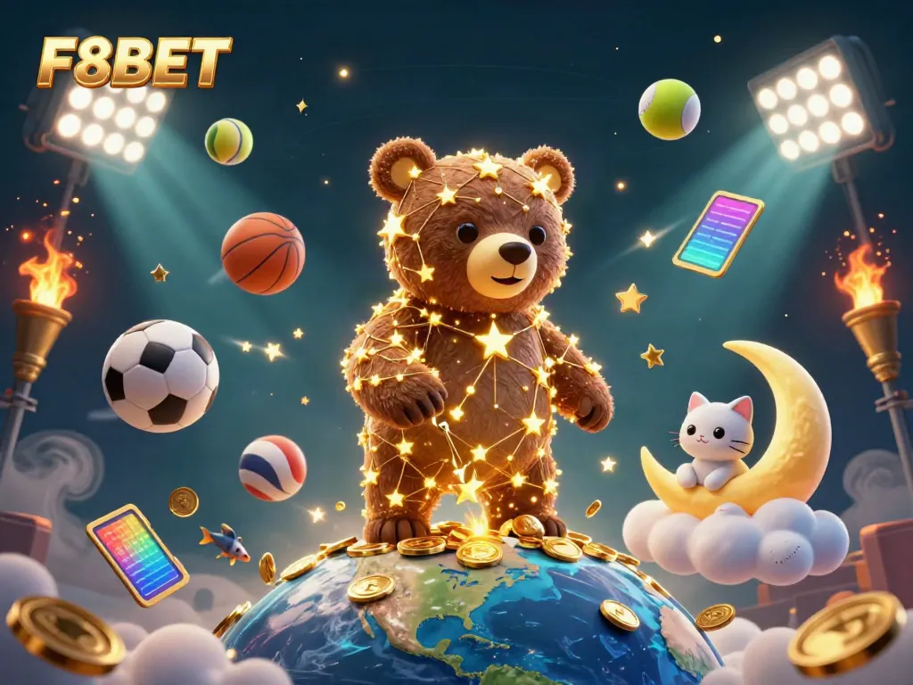 F8BET takes center stage with a constellation bear, reaching for coins while sports elements dynamically swirl around in a vibrant gaming scene.