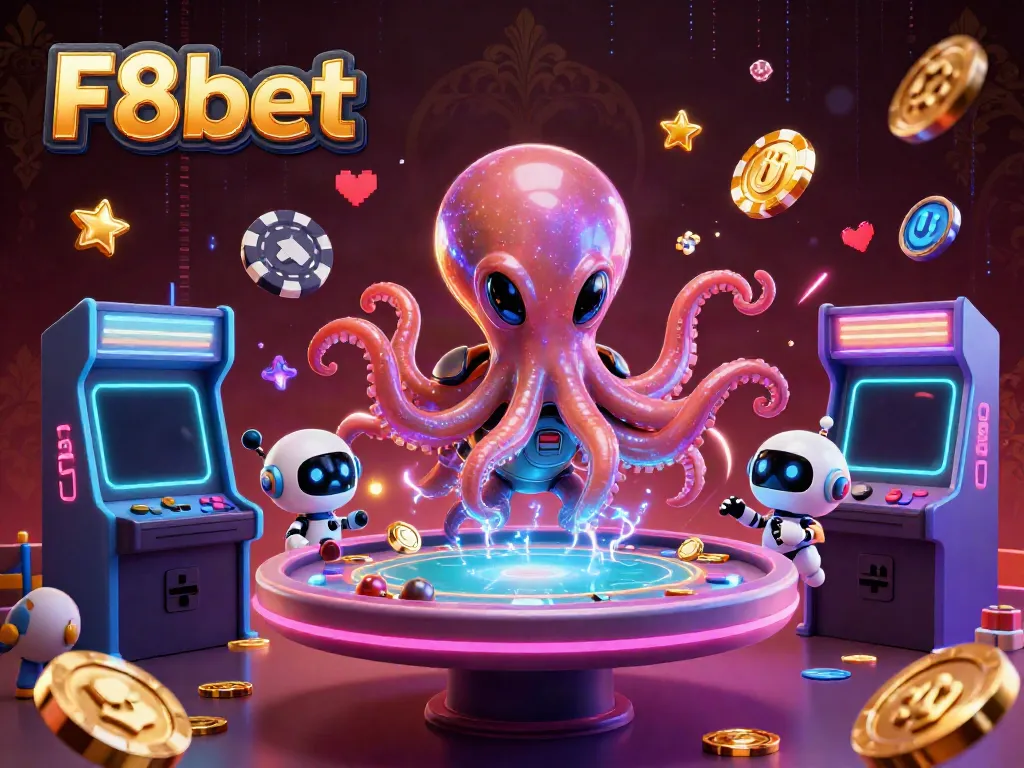Experience the excitement of F8bet with an alien octopus dealer at a cosmic poker table.