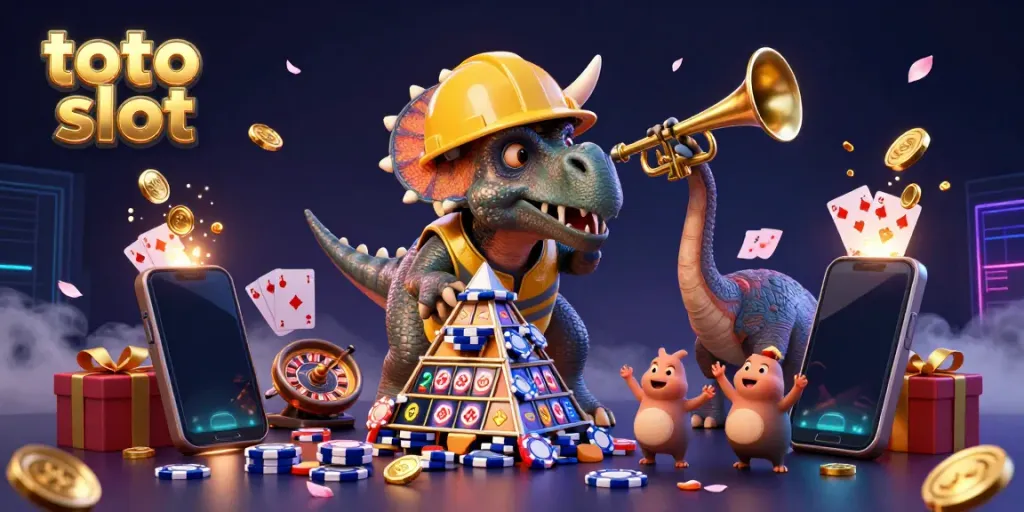 Engage with the thrilling toto slot experience featuring vibrant 3D characters celebrating with poker chips and slot games.