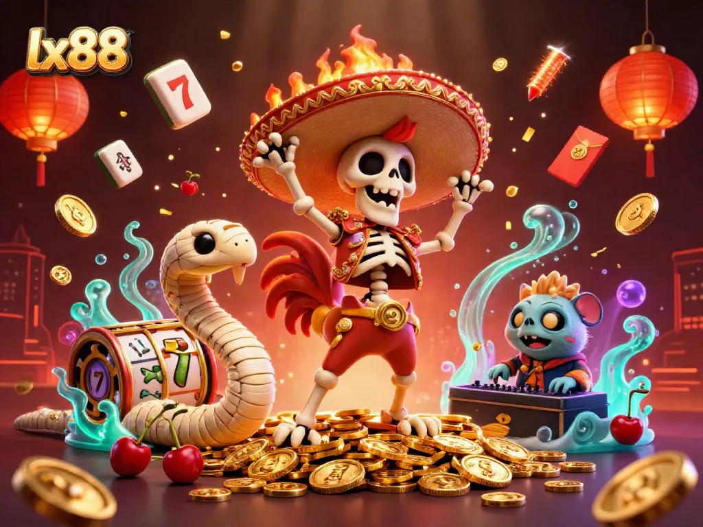 Watch the lx88 casino adventure unfold with a lively mariachi rooster, mummy snake, and zombie hamster DJ amidst dynamic game elements.