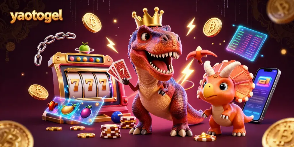 Engage with yaotogel's thrilling slots featuring a T-Rex and characters amidst vibrant casino elements.