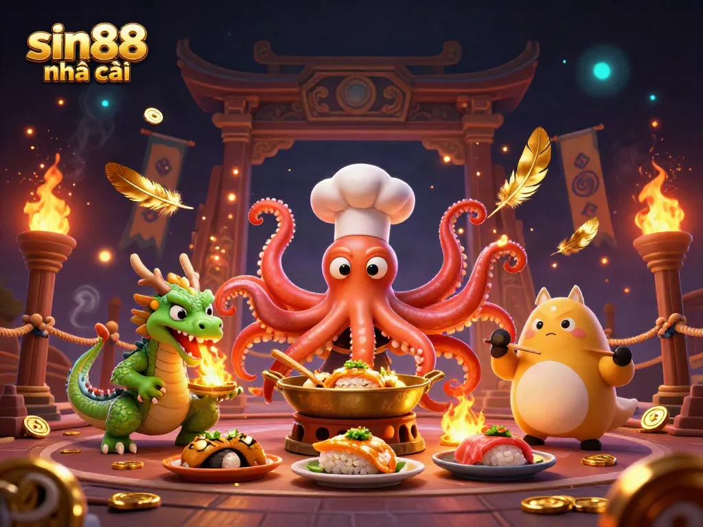 Engaging scene depicting sin88 nhà cái with a sushi chef octopus and dragon in a colorful casino.