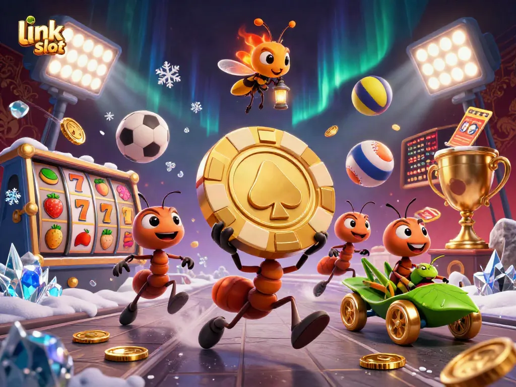 Engage in thrilling gameplay at link slot with cartoon ants running a heist for a giant poker chip.